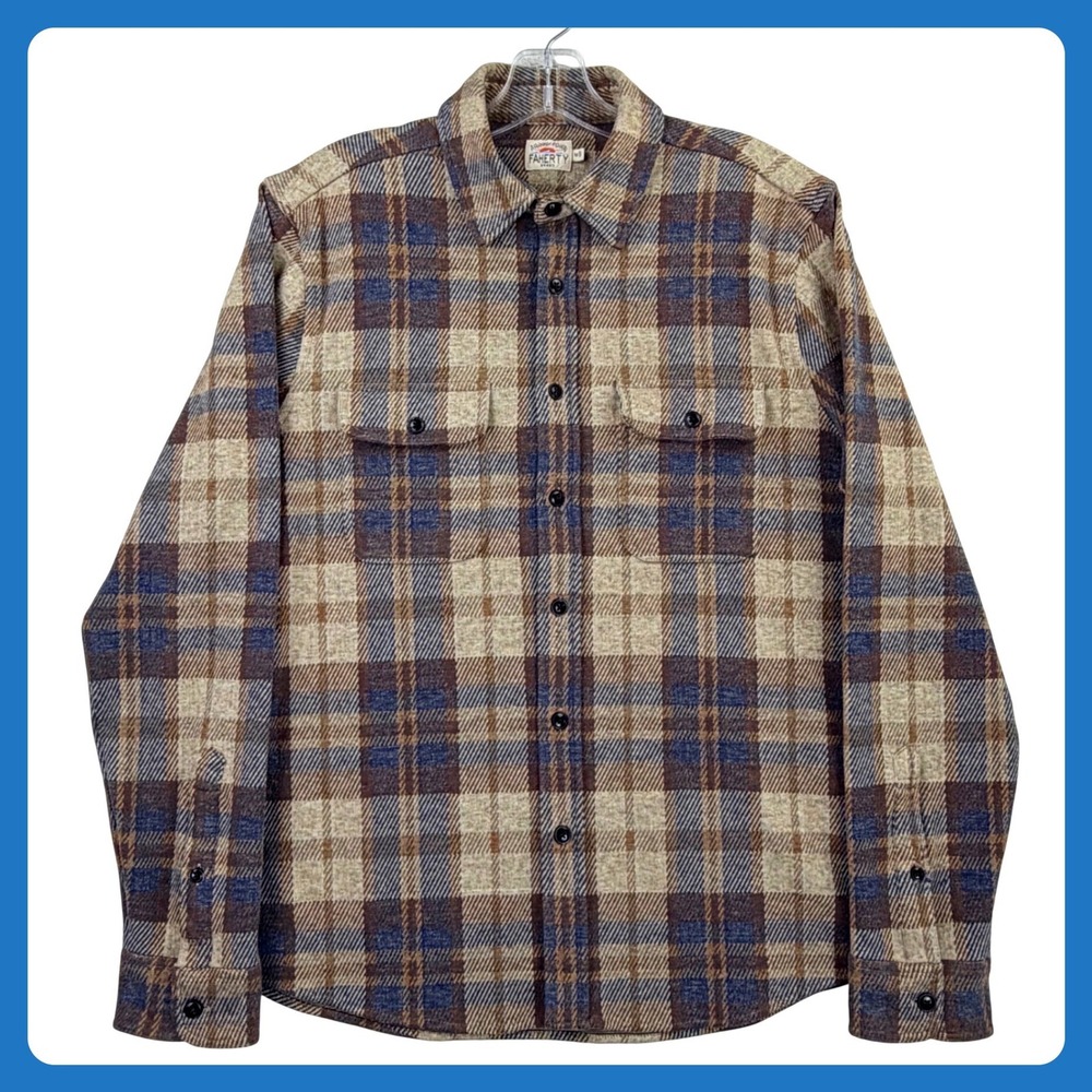 Faherty Knit Alpine Shirt Men Medium Brown Blue Plaid Stretch Flannel Button Up